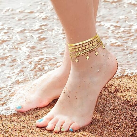 4 Summer Ankle Bracelets for Women Gold Anklets Layered Anklet Girls Adj… - Picture 1 of 8
